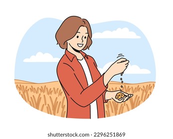 Female farmer inspect crop in agriculture field. Agronomist look at harvest soybeans in plantation. Farming and agronomy. Vector illustration. 