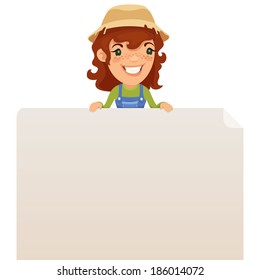Female Farmer looking at Blank Poster on Top. In the EPS file, each element is grouped separately. Isolated on white background.