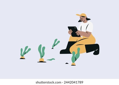 Female Farmer Managing Her Farm using Technology Vector Illustration