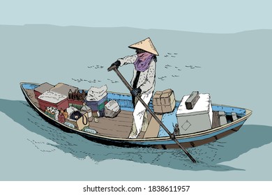 A female farmer on a boat in the South China Sea. Sketch. Vector illustration, color