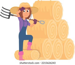 Female Farmer With Pitchfork Stacked Hay. Cartoon Farm Work Icon