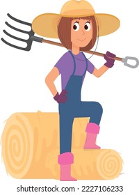 Female farmer with pitchfork stacking hay roll. Cartoon icon