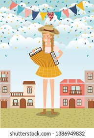 female farmer playing accordion with garlands and cityscape