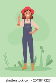 A female farmer points up with her index finger. Vector illustration in a flat style.