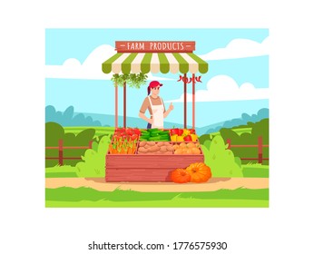 Female farmer sell eco products semi flat vector illustration. County fair counter with food. Local production of fresh vegetables. Agriculture business owner 2D cartoon characters for commercial use