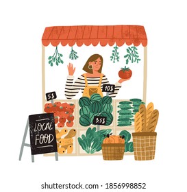 Female Farmer Selling Fresh Fruits And Vegetables At Stall At Local Food Market Place. Farm Organic Production Concept. Flat Vector Illustration Isolated On White Background