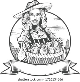 Female farmer vintage character with bringing the fruit from his harvest. Vector illustration