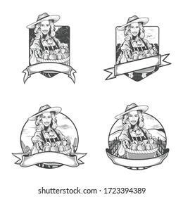 Female farmer vintage character with bringing the fruit from his harvest. Vector illustration