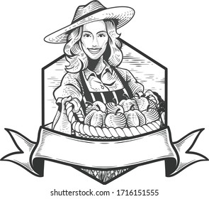 Female farmer vintage character design holding a wicker basket full of fruits. Vector illustration