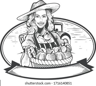 Female farmer vintage character wearing beautiful gardening hat. Vector illustration