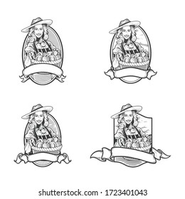 Female farmer vintage character wearing beautiful gardening hat. Vector illustration