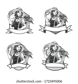 Female farmer vintage character wearing summer hat. Vector illustration