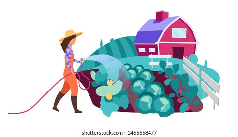 Female farmer watering vegetable garden flat vector character. Farm worker with water hose. Organic vegetable crops cultivation, planting. Farmland, village farmhouse and field cartoon illustration