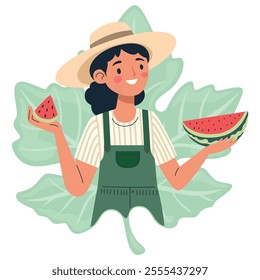 Female farmer wearing a hat and overalls, holding a slice and half of a watermelon, vector illustration.