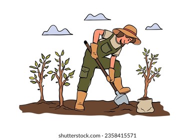 Female farmer working on a farm. Planting trees and seeding, vector illustration concept of agriculture