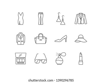 Female fashion and accessories line icons set with elegant dress, trousers, earrings, blazer, coat, bag, shoes, hat, eyeshadow, eyeglasses, perfume, lipstick.