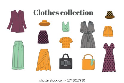 Female fashion apparel collection. Women clothes and design elements set. Vector flat cartoon illustration. Stylish travel clothing, isolated on white background. Fashion boutique