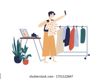 Female fashion blogger making clothes review recording video use smartphone vector flat illustration. Woman stylist demonstrate fashionable purchases isolated on white. Modern girl enjoying blogging