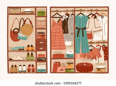 Female Fashion Closet Or Wardrobe. Summer Womens Shoes And Clothes Hanging On Hangers And Lying On Shelves. Organization And Storage Of Garments. Colorful Flat Cartoon Colorful Vector Illustration