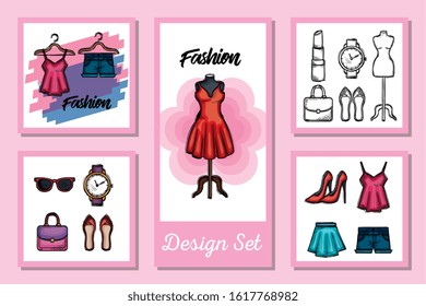 Female fashion cloth set design, Style wear store shop retail fabric and made theme Vector illustration