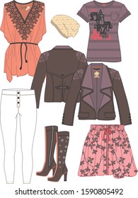 Female fashion clothing, shoes and accessories set on white background. Hand drawn isolated vector illustration
