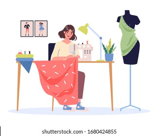 Female fashion designer at her work place. Young woman using a power sewing machine. Tailor with a seamstress mannequin. Isolated flat illustration