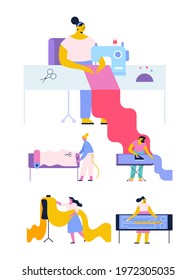 Female fashion designer at her work place. Young woman using a power sewing machine.  Isolated flat vector set illustration