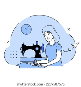 Female fashion designer at her work place. Young woman using a vintage sewing machine. Tailor, dressmaking, sewing concept. Young woman is sewing clothes in her clothing store. Vector illustration