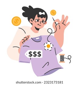 Female fashion designer or seamstress. Young woman sewing or decorating a piece of clothing. Needlework, hand made crafting hobby. Flat vector illustration