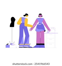 Female Fashion Designer Taking Measurements In Flat Vector Illustration Symbolizing Fashion Design, Tailoring, And Creativity, Isolated On White Background.