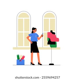 Female Fashion Designer Working On A Dress In Flat Vector Illustration Symbolizing Creativity, Sewing, And Tailoring, Isolated On White Background