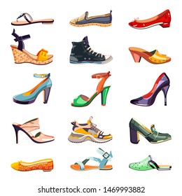 Female fashion elegant shoes icons and design elements set. Vector cartoon illustration. Summer, autumn and spring trendy footwear collection, isolated on white background.