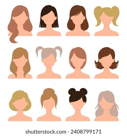 Female fashion hairstyle set. Woman head with haircuts, ponytail and bun. Different various hairstyles and color icon avatar. Vector illustration