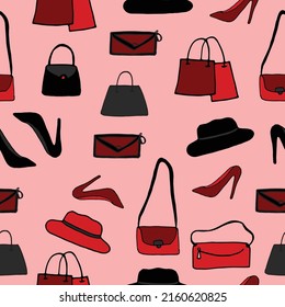 Female Fashion Icon. Handbag, Slingbag, Hat, Clutch, Wallet And Heels Illustration On Pink Background. Hand Drawn Vector. Doodle Art For Wallpaper, Wrapping Paper, Fabric, Backdrop. Seamless Pattern. 