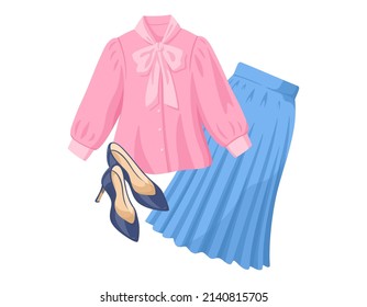 Female fashion illustration. Pink blouse, blue pleated skirt, navy high heels. 