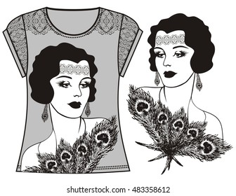 Female fashion illustration print t-shirt, sweatshirt for retro flapper girl 20's style. Clothing design - vector .