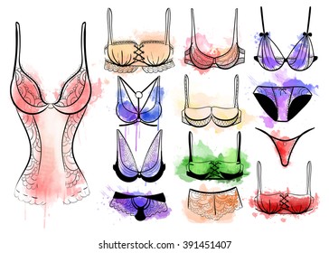 Female fashion lingerie. Sexy lacy lingerie set. Vector lingerie collection