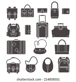 Female fashion and luggage bags black silhouette icons set isolated vector illustration