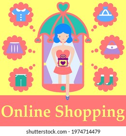 Female fashion online shopping. Happy woman holding  present leave from mobile phone store. Colorful flat design.