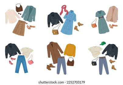Female fashion outfits. Cartoon casual clothing, jackets, denim, ankle boots and pouch, modern fashion looks flat vector illustration set on white background