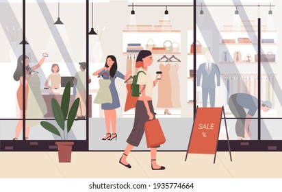 Female fashion sales at shopping mall vector illustration. Cartoon young woman shopper character walking next to shop store or boutique entrance where girl try on fashionable clothes background