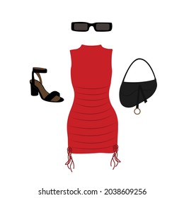 Female fashion set. Fashionable Dress combine vector isolated on white background. Bag, shoes, sunglasses, dress. Trendy Womens Clothes Setgirls Outfit Clothing Collage. Women apparel set