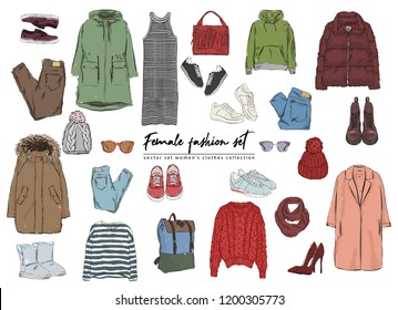 Female fashion set. Hand drawnи vector set women's clothes collection. Spring, autumn, winter outfit : dress, jeans, pants, hat, glasses, bags, jacket, trench coat, boots and sneakers.