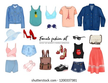 Female fashion set. Hand drawnи vector set women's clothes collection. Spring, summer outfit : dress, denim jacket, shorts, skirt, backpack, bag, T-shirt, top, hat, shoes, glasses.