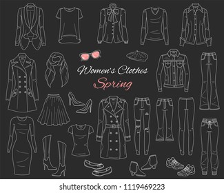 Female fashion set. Women clothes collection. Spring outfit jeans, pants, tops, jeans jacket, trench coat,  blouse, French beret boots and sneakers , vector sketch illustration isolated on chalkboard