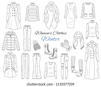 Female fashion set. Women's clothes collection. Winter outfit: down hooded coat, wool coats, dress, jeans pants, sweater, knitted hat, scarf, gloves and military boots, hand drawn vector illustration