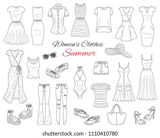 Female fashion set. Women's clothes collection. Summer outfit: dresses, ripped skinny jeans, shorts, tops, beach hat, swimwear, sunglasses, sandals and sneakers, hand drawn vector illustration.