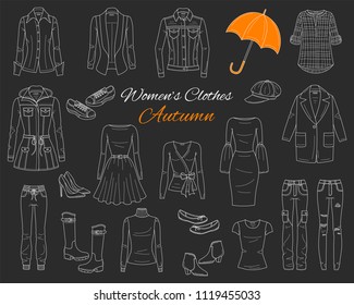 Female fashion set. Women's clothes collection. Autumn outfit: jeans jacket, parka coat, cardigan, dress, ripped jeans, blazer, blouse, boots and sneakers, vector sketch illustration on chalkboard.