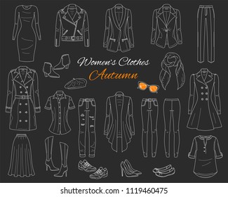 Female fashion set. Women's clothes collection. Autumn outfit: trench coat, leather jacket, cardigan, dress, jeans, pants, blazer, boots, flats and sneakers vector illustration isolated on chalkboard.