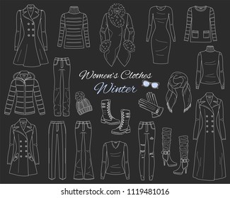 Female fashion set. Women's clothes collection. Winter outfit, down hooded coat, wool coats, jeans, sweater, knitted hat, scarf, gloves and  boots, vector sketch illustration isolated  on chalkboard.